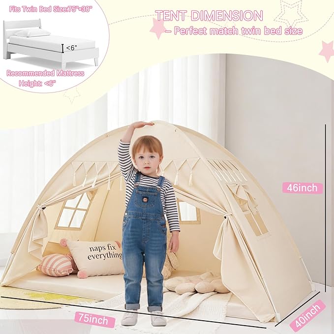 Akiky Bed Tent Bed Canopy Twin Size with Bottom,Kids Tent Indoor Floor with Lights Portable Foldable Bunk Curtains for Girls Boys (Natural, Twin)