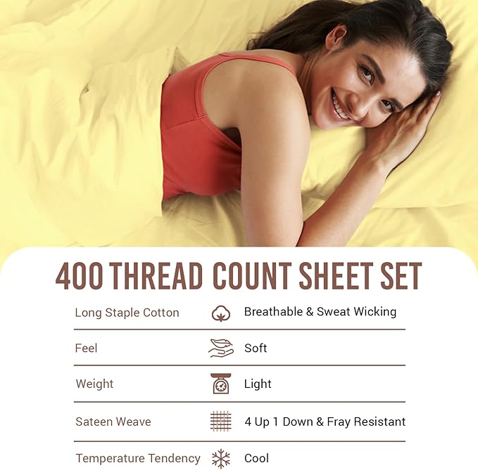 Pizuna Pure 100% Cotton Sheets Full Size, Luxurious 400 Thread Count Long Staple Cotton Sateen Sheets Full with 15inch Deep Pocket (Combed Mellow Yellow Cotton Sheet Set)