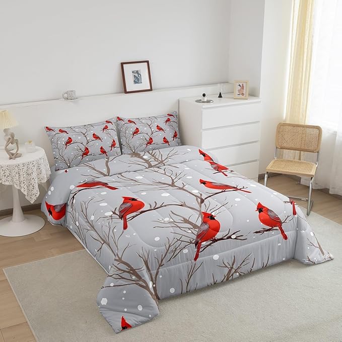 Feelyou Bird Comforter Set Red Birds Snowflakes Bedding Set Winter Landscape Cardinals Comforter for Boys Girls Child Kids Retro Bedroom Decor Tree Branches Duvet Set King Size with 2 Pillow Case
