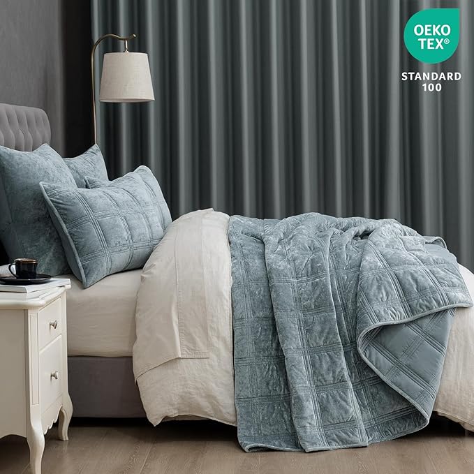 PHF Ultra Soft Velvet Quilt Set King Size – 3PCS Luxurious Cozy Quilted Comforter Alternative with Diamond Pattern, Warm Quilted Bedspread Coverlet, 108" x 92", Dusty Blue