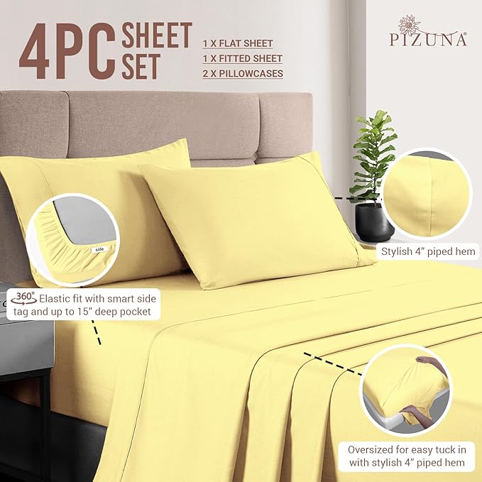 Pizuna Pure 100% Cotton Sheets Full Size, Luxurious 400 Thread Count Long Staple Cotton Sateen Sheets Full with 15inch Deep Pocket (Combed Mellow Yellow Cotton Sheet Set)