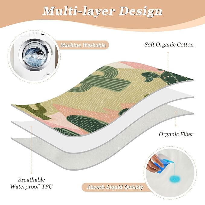 Waterproof Bed Pad Reusable Changing Pad Toddler Mattress Protector Large Pee Pad Baby Diaper Pad Soft Washable Liner Boho Cacti Mountains Sun