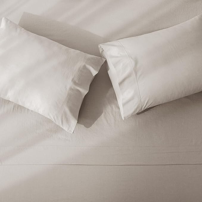 JIYUAN 100% Washed Cotton Sheet Set 4 Pieces King,1 Fitted Sheet,1 Flat Sheet and 2 Pillowcases,Comfy and Breathable Linen Like Bedding Set,Heathered Cream Grey
