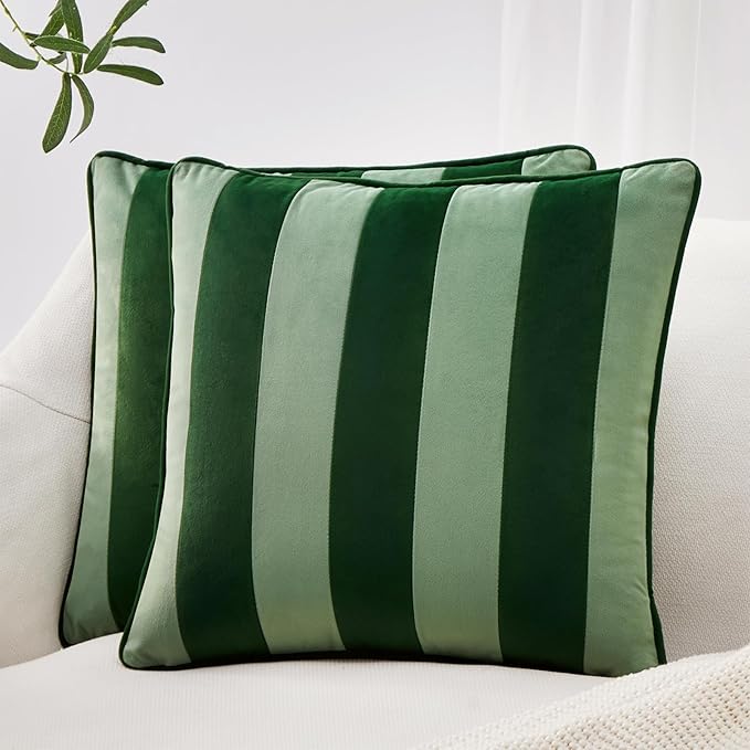 MONDAY MOOSE Decorative Throw Pillow Covers Cushion Cases, Set of 2 Soft Velvet Striped Piping Edge Designs, Pillow Inserts Not Included (20x20 inch, Green/Light Green)