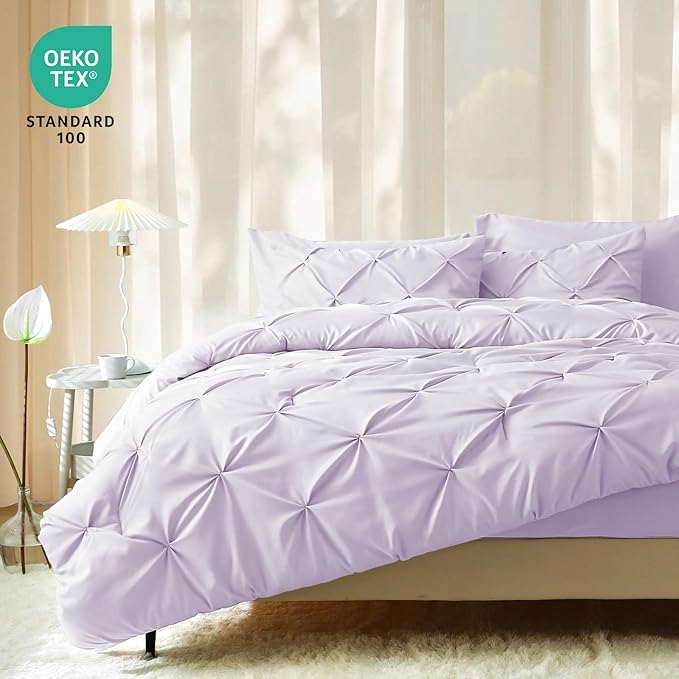 JOLLYVOGUE California King Comforter Set 7 Pieces - Bed in a Bag Cal King for All Season, Pintuck Bedding Comforter Sets with Comforter, Flat Sheet, Fitted Sheet and Pillowcases & Shams, Light Purple