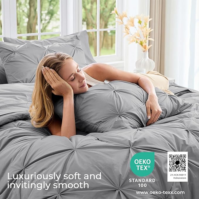 Sasttie Queen Comforter Set, 7-Piece Bed in a Bag, Pintuck Bedding Sets for All Season, Includes Comforter, Flat Sheet,Fitted Sheet, Pillowcases and Pillowshams, Light Grey