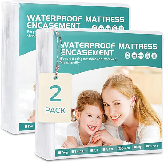 Premium Queen Waterproof Mattress Cover 2 Pack, Zippered Mattress Protector, 9 Inch Deep, 6-Sided Mattress Encasement - White