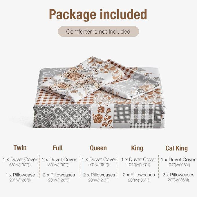 Lekesky King Size Duvet Cover Set, Patchwork Floral 3 Pieces Reversible Grey Duvet Cover Set, Ultra-Soft Microfiber 3 Pieces Comforter Cover with Zipper and Corner Ties, Includes 2 Pillowcases