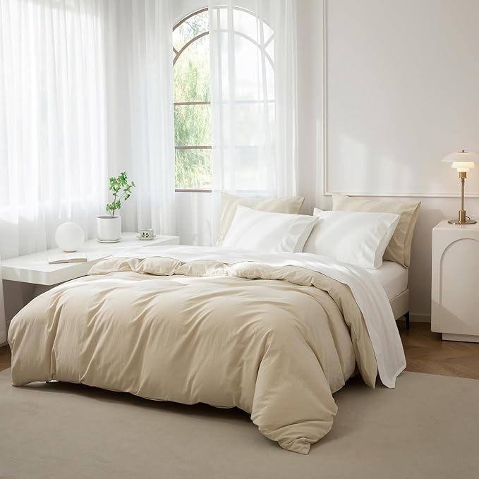 JIYUAN 100% Washed Cotton Sheet Set 4 Pieces Queen,1 Fitted Sheet,1 Flat Sheet and 2 Pillowcases,Comfy and Breathable Linen Like Bedding Set,Off White