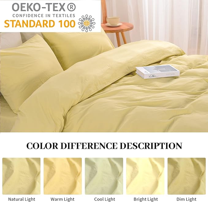 NEXHOME PRO Duvet Cover Set 100% Washed Cotton California Kingn 104"x98", Organic Natural Linen Look Textured 3 Pieces Bedding Set Cream Yellow with Zipper Closure, Breathable