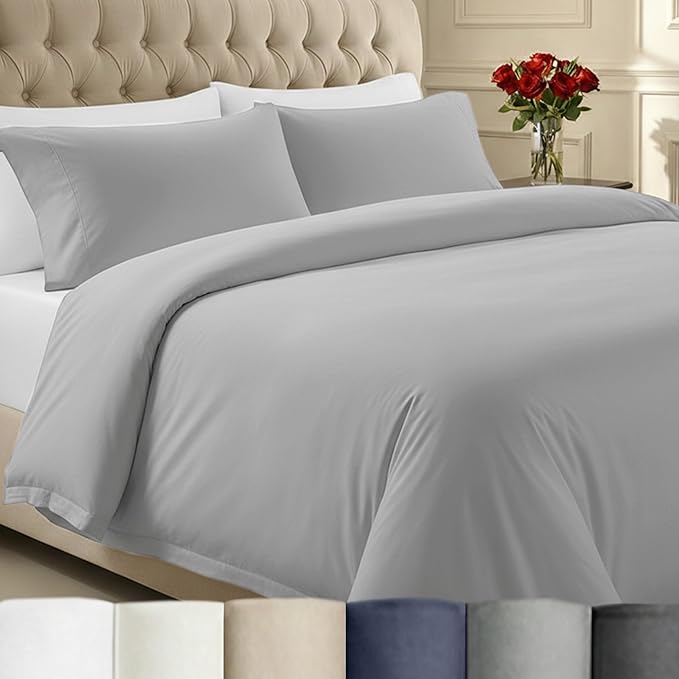 California Design Den 3 Pc Duvet Cover Set Queen Size/Full Size - Winner Good Housekeeping Best Bedding Awards 2025, 400 Thread Count Sateen, 100% Cotton, Button Closure, Corner Ties - Light Grey