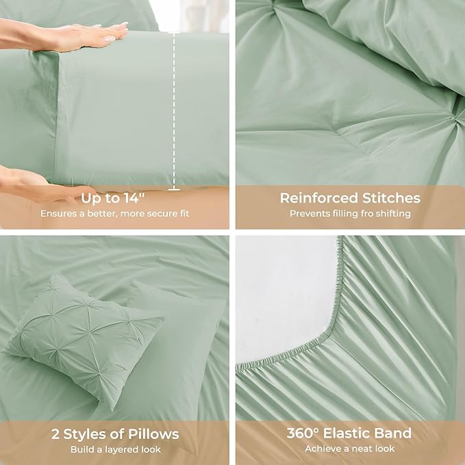Sasttie Twin XL Comforter Set, 5-Piece Bed in a Bag, Pintuck Bedding Set for All Season, Includes Comforter, Flat Sheet, Fitted Sheet, Pillowcase and Pillowsham, Sage