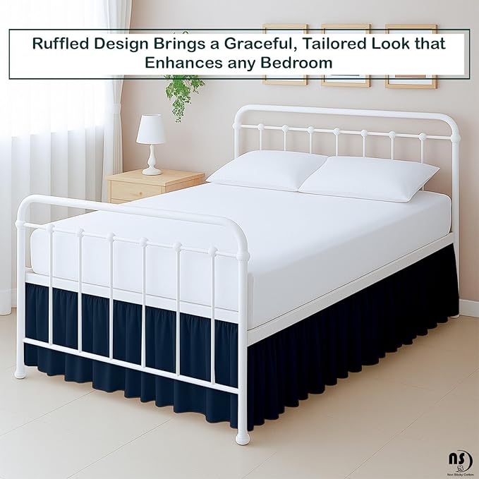 Premium Microfiber Full Ruffled Bed Skirt, 8” Drop with Split Corners, Soft Wrinkle Free Bedskirt with Platform, Solid Navy Blue Dust Ruffle for 54" x 75" Mattress