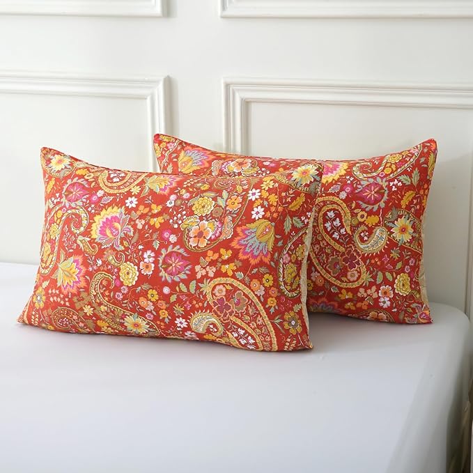 ABREEZE Paisley Bedding Sets 3Pcs Brushed Cotton Duvet Cover Set Twin Size Rustic Damask Red Floral Comforter Cover with Zipper Closure Boho Bedding Collections