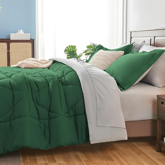 BEDELITE Twin XL Comforter Set 5 Pieces Bed in A Bag - Soft Microfiber Reversible Twin Extra Long Dark Green Bed Set with Comforters, Sheets, Pillowcase & Sham, Cozy Bedding Sets for College Dorm Room