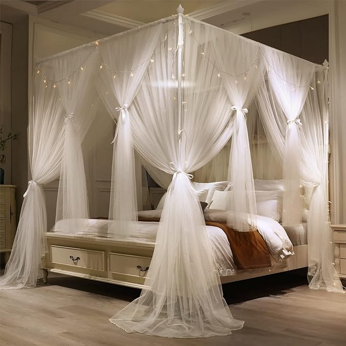 VETHIN 4 Corners Post Princess Bed Canopy Curtain Double Layer Cozy Drape Netting 4 Opening Mosquito Net for Girls & Adults Bedroom Decoration Accessories (Double White, 47" W*78" L*82"*H/Twin)