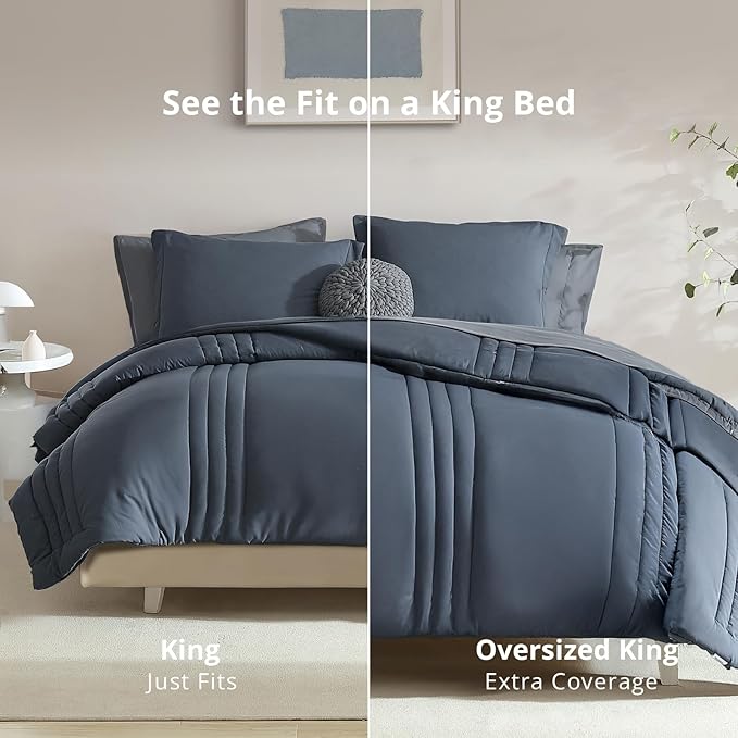Monbix King Size Comforter Set - 7 Pieces Bed in a Bag King, Blue Gray Bedding Sets with Comforter, All Seasons Comforter Bed Set with Sheets, Pillowcases & Shams