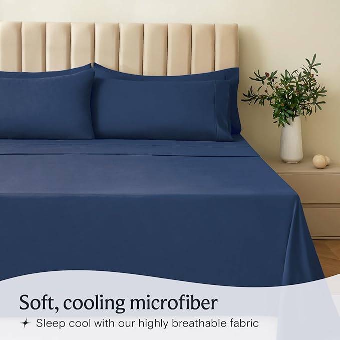 LuxClub 4 PC Full Sheet Set, Breathable Luxury Bed Sheets, Deep Pockets 18" Wrinkle Free Cooling Bed Sheets Machine Washable Hotel Bedding Silky Soft - Navy Full