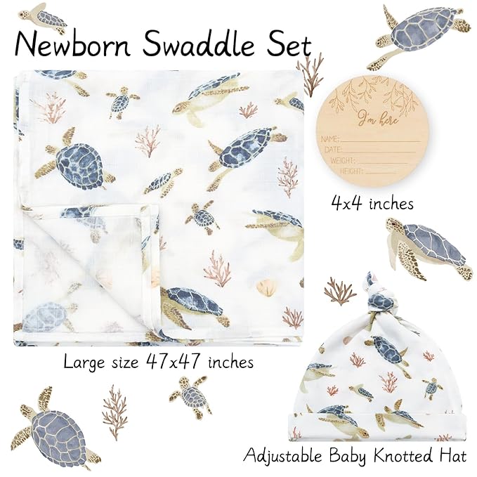 LifeTree Muslin Swaddle Blankets, Muslin Baby Boy Swaddle Blanket and Hat Set with Birth Announcement Card, Newborn Unisex Neutral Receiving Blankets Sea Turtle Pattern