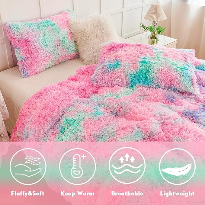 PERFEMET Pink Blue Plush Queen Bedding Sets 3 Pieces Luxury Soft Tie Dyed Fluffy Faux Fur Girls Comforter for Kids Teens Warm Cozy Velvet Fuzzy Bed Sets(Pink Blue, Queen)