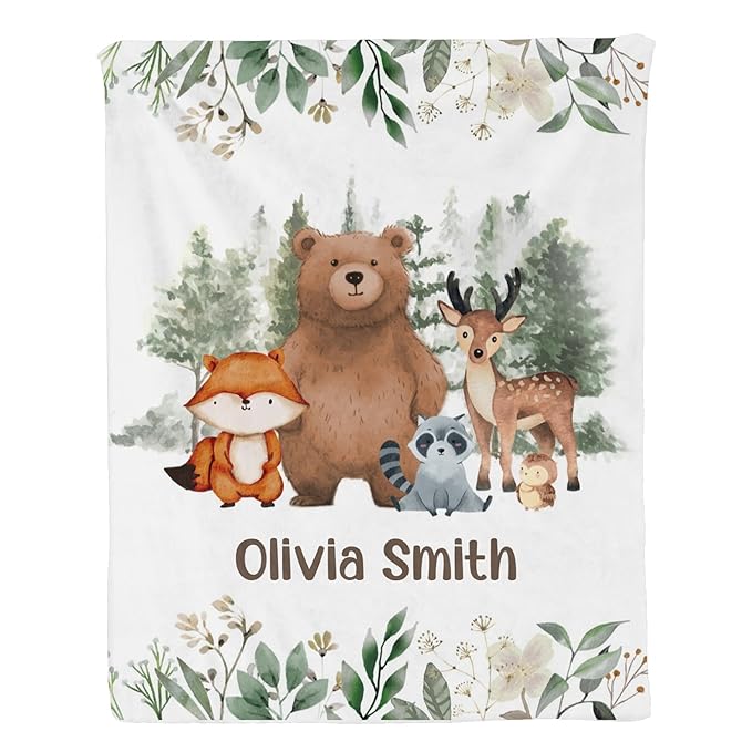 Personalized Baby Blanket, Woodland Baby Blankets for Girls, Super Soft Nursery Blankets with Cotton Front and Dotted Fleece Backing, Printed Bed Throws Newborn