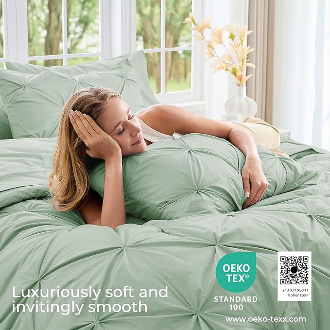 Sasttie Twin Comforter Set, 5-Piece Bed in a Bag, Pintuck Bedding Set for All Season, Includes Comforter, Flat Sheet, Fitted Sheet, Pillowcase and Pillowsham, Sage