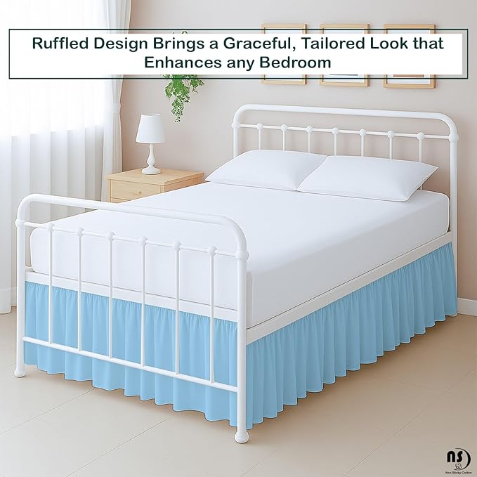 Premium Microfiber Full XL Ruffled Bed Skirt, 12” Drop with Split Corners, Soft Wrinkle Free Bedskirt with Platform, Solid Light Blue Dust Ruffle for 54" x 80" Mattress
