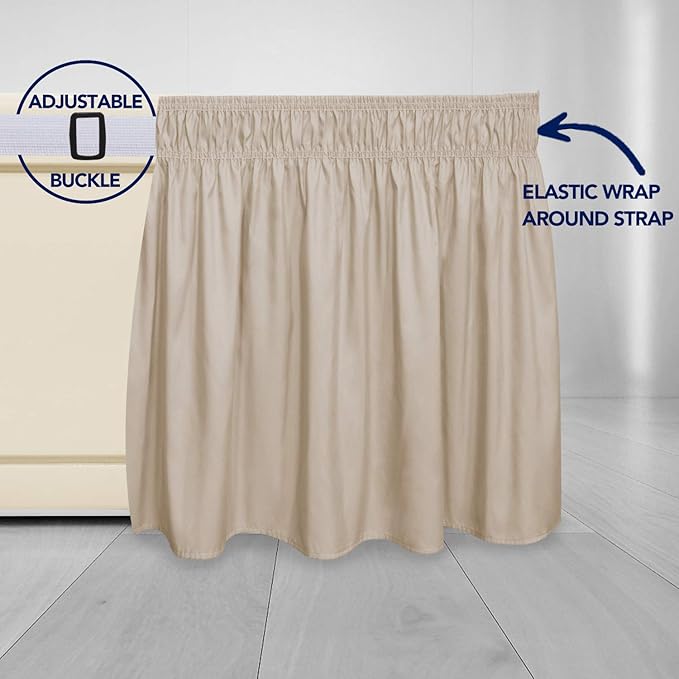 PureFit Wrap Around Ruffled Bed Skirt with Adjustable Elastic Belt - 14 Inch Drop Easy to Put On, Wrinkle Free Bedskirt Dust Ruffles, Bed Frame Cover for Twin, Twin XL and Full Size Beds, Beige