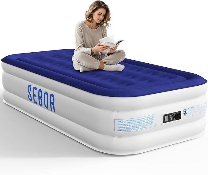 Sebor Air Mattress Twin with Built-in Pump 18", Comfortable Self-Inflating Air Mattress with High-Speed Pump, Durable Blow Up Mattress Twin with Storage Bag for Guests, Camping, Travel