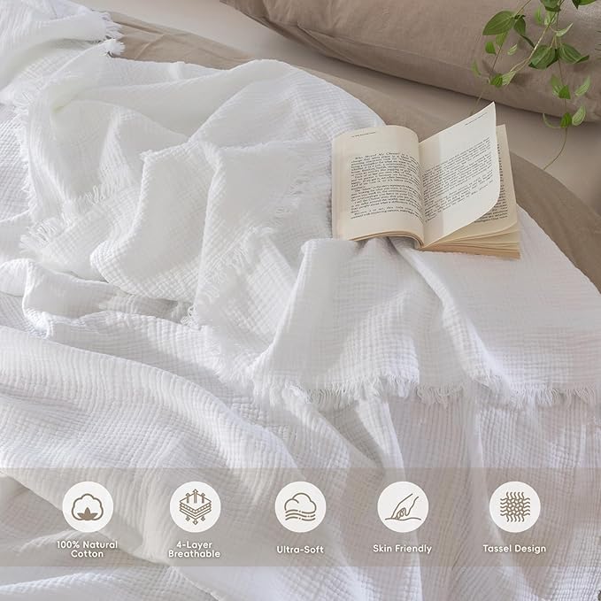 MooMee Muslin Blanket - 100% Cotton 4-Layer Gauze Throw Blanket with All-Around Fringe, Ultra-Soft Breathable Lightweight Cooling Decorative for Bed, Sofa & Couch (Bright White,Throw 60" x 50")
