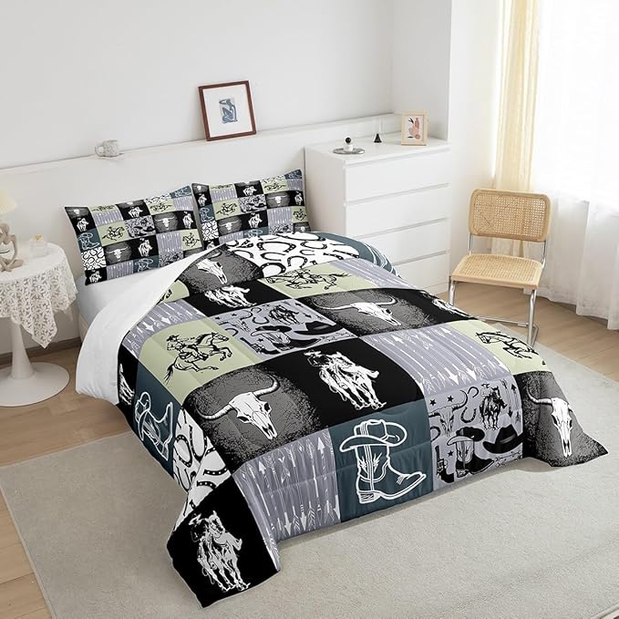 Western Cowboy Comforter Set Kids Teens Vintage Farmhouse Bedding Set Teal Green Western 3D Geometric Quilt Set Bedroom Decoration King Size 1 Comforter Set 2 Pillowcases