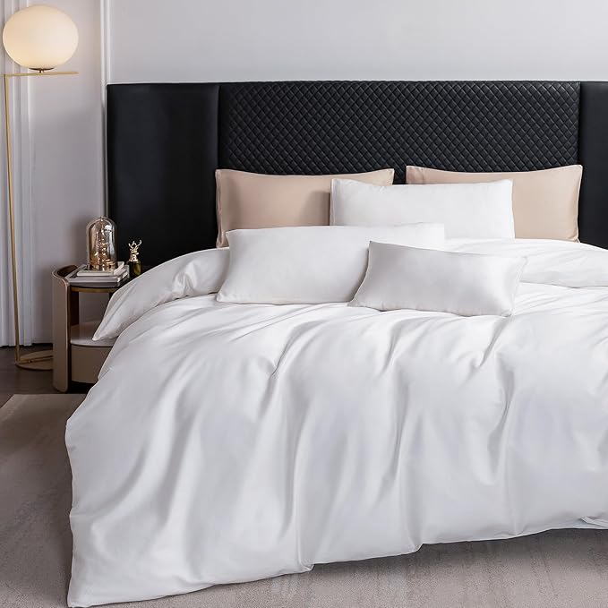 MooMee Duvet Cover Set 100% Extra Long Staple Cotton 600 Thread Count Silky Sateen Smooth Luxury Soft Breathable Durable Hotel Quality Bedding, 3 Pieces (Bright White, Oversized Queen 98"x98")