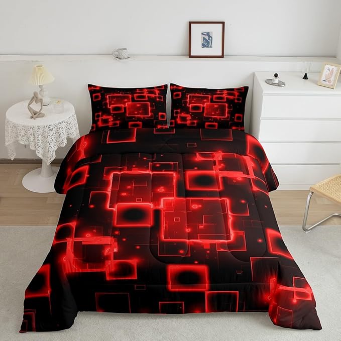 Feelyou Queen Size Red Black Bedding Set Light Honeycomb Comforter Set Abstract Geometric Comforter for Kids Boys Girls Geometrics Duvet Insert Kids Bedroom Decor 3Pcs