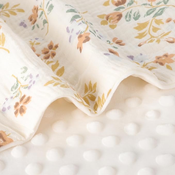Premium Soft Muslin Cotton Front Fluffy-Backed Baby Swaddle Blankets Double Layer Nursery Plush Dotted Fleece Back Receiving Bed Quilt Blanket for Unisex Newborn Toddler Boys Girls 30 x 41 Inches