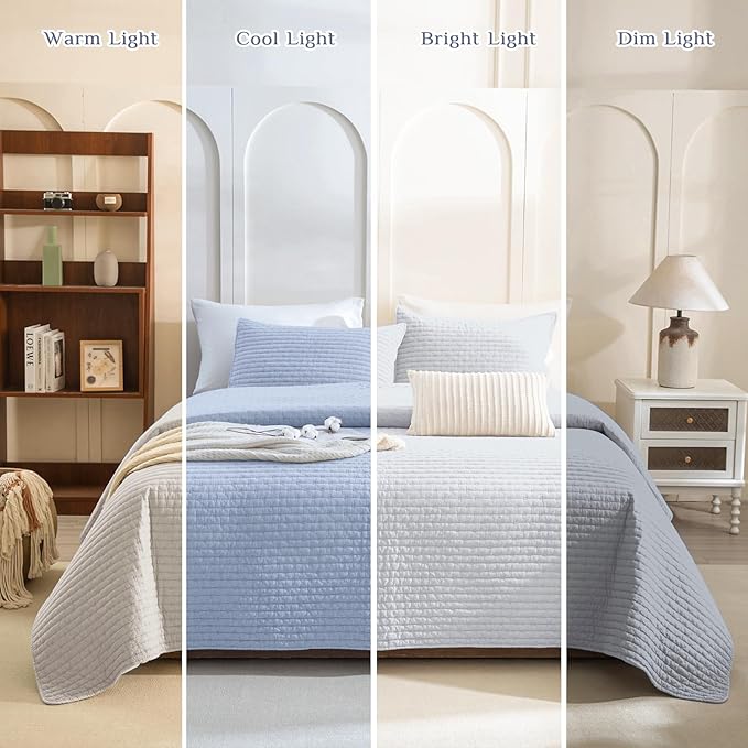 CozyTide Oversized King Bedspread 128"x120",Stone-Washed Cotton Light Blue Oversized King Quilt Bedding Set,Soft Lightweight Extra Large Farmhouse Boho Bedspread & Coverlet Sets 3 Pieces