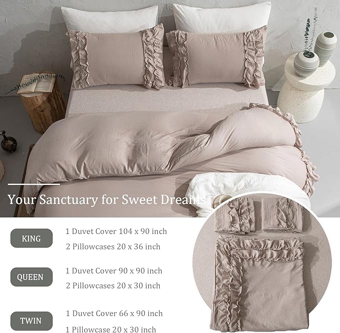 Bedorm Taupe Duvet Cover Set Queen Ruffle Bedding Set Pleat Ruffled Shabby Chic Comforter Cover Extra Soft & Easy Care Boho Duvet Cover with Zipper Closure