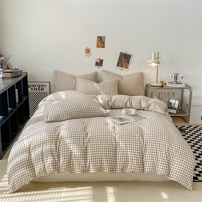 Nayoroom Gingham Duvet Cover Queen Size Brown Tan Plaid Checkered Comforter Cover 3 Pieces Soft Lightweight Washed Microfiber Farmhouse Grid Dorm Bedding Set with Pillowcases