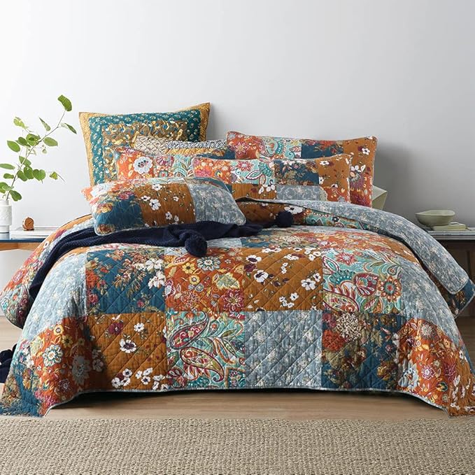 Autumn Dream Cotton Bedspread Quilt Sets Reversible Bedding Coverlet Sets Comforter, Paisley Floral Patchwork Yellow Grey Bedspread, Queen Size