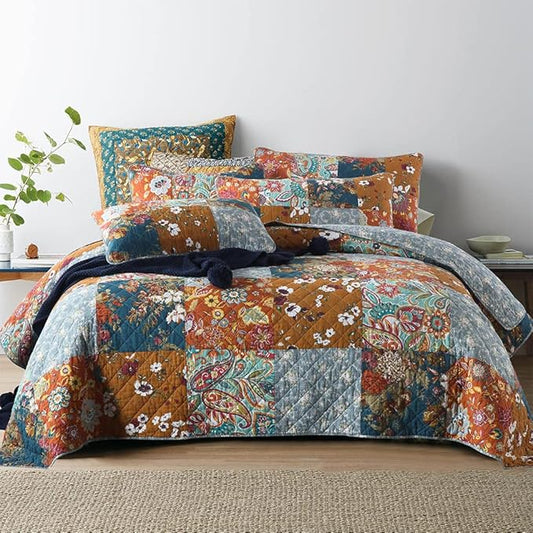 Autumn Dream Cotton Bedspread Quilt Sets Reversible Bedding Coverlet Sets Comforter, Vintage Floral Patchwork Red Blue Bedspread, King Size (Yellow Grey Floral Patchwork, King (96 by108 Inch)) | Breathable material, Reversible, Jacquard stitching, Soft...