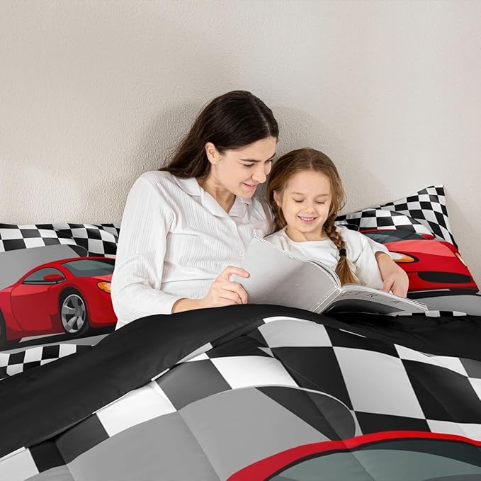 Feelyou Sports Car Bedding Set Red Racing Car Comforter for Kids Boys Girls Teens Extreme Sports Theme Comforter Set Race Sports Car Duvet Set Black and White Grid Room Decor Quilt Set Queen Size