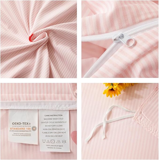 Nayoroom Full Size Cute Red Heart Pink Striped Duvet Cover Set with Zipper Closure Soft Breathable Microfiber 3Pcs Kids Girls Kawaii Heart-Shaped Comforter Cover