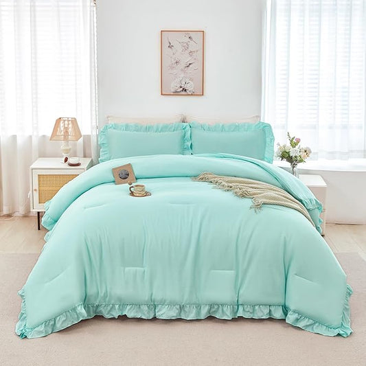 ANGIYUIN 5 Pieces Mint Green Full Bed in A Bag Ruffle Bedding Sets Solid Ruffled Comforter Set Vintage Farmhouse Bedding Comforter Sets with Sheets for Girls Women(Mint Green Full)