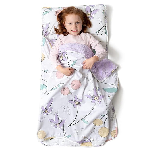 JumpOff Jo Nap Mat for Kids - Cozy Kids Rest Mat with Removable Pillow and Ultra Soft Blanket for Preschool, Daycare, and Sleepovers - Fairy Blossoms
