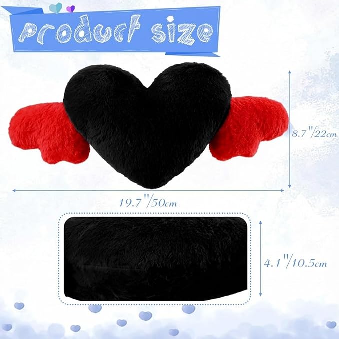 Macarrie 2 Pcs Plush Heart Shaped Pillow with Angel Wings Car Headrest Soft Comfortable Seat Pillow for Driving Travelling Room Office Car Decor, 19.7 x 8.3 Inch(Black, Red)