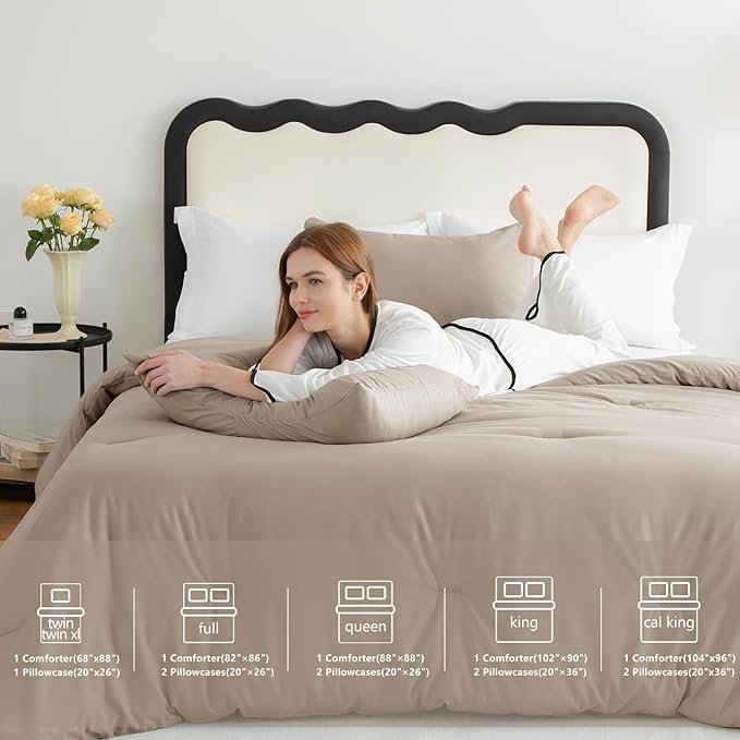 CozyLux Queen Comforter Set Khaki, 3 Pieces Solid Breathable Quilted Style Bedding Sets, Luxury Fluffy Soft Bed Set with Down Alternative Comforter for All Season (1 Comforter & 2 Pillowcases)