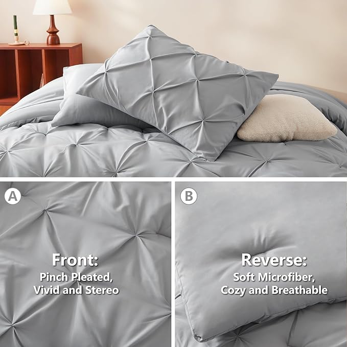 Full Comforter Set Light Grey, 7 Pieces Pintuck Bed in A Bag Full Size Bedding, Soft Bed Set All Season Pinch Pleat Comforter Set with Sheets, Pillowcases & Shams