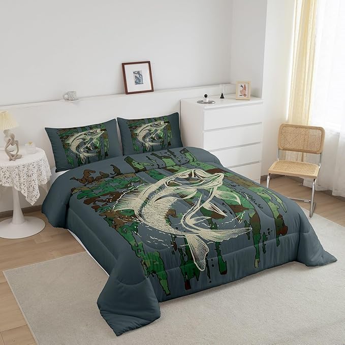 Feelyou Bass Fish Comforter Set Twin Size Green Camouflage Bedding Set for Fishing Lover Gifts Boys Girls Camo Pike Fish Fishing Comforter Wild Fisherman Bed Set Rustic Cabin Bedroom Decor