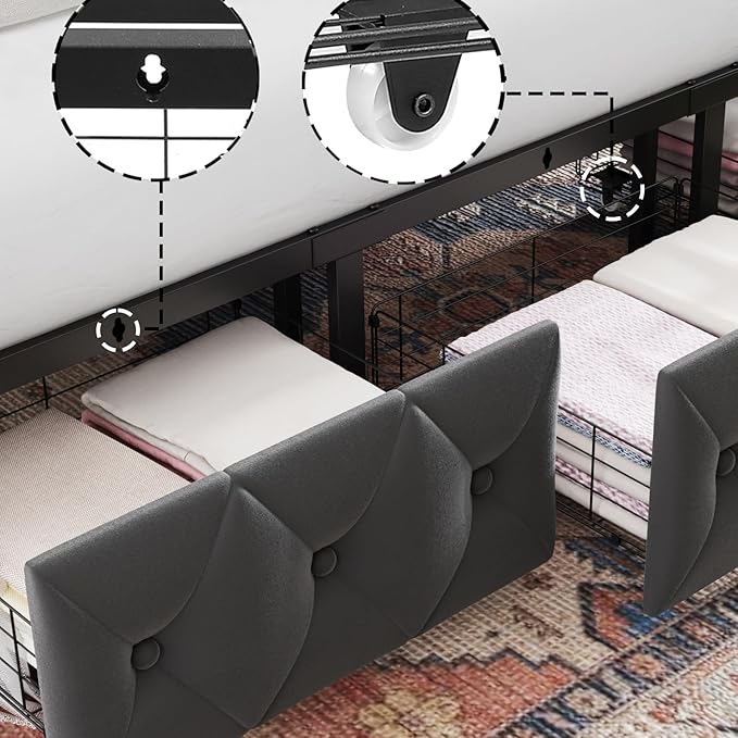 Keyluv Full Upholstered Canopy Bed Frame with 2 Drawers and Button Tufted Headboard Metal Platform Bed with 4 Removable Posts Two-Purpose Velvet Bed No Box Spring Needed Dark Grey/Curtain Not Included