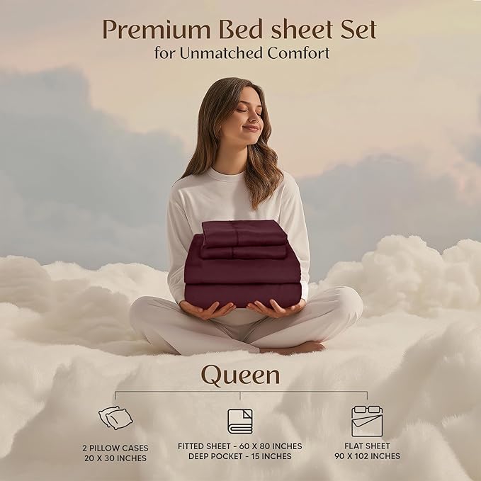 Utopia Bedding Queen Size Sheet Set – 4 Piece Bed Sheets, Soft and Breathable Microfiber, Includes 1 Fitted Sheet, 1 Flat Sheet and 2 Pillowcases – Oeko Tex (Burgundy)