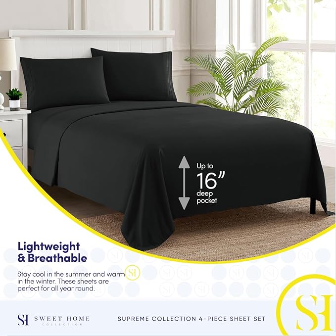 Twin XL Sheets - Breathable Luxury Sheets with Full Elastic & Secure Corner Straps Built In - 1800 Supreme Collection Extra Soft Deep Pocket Bedding Set, Sheet Set, Twin XL, Black